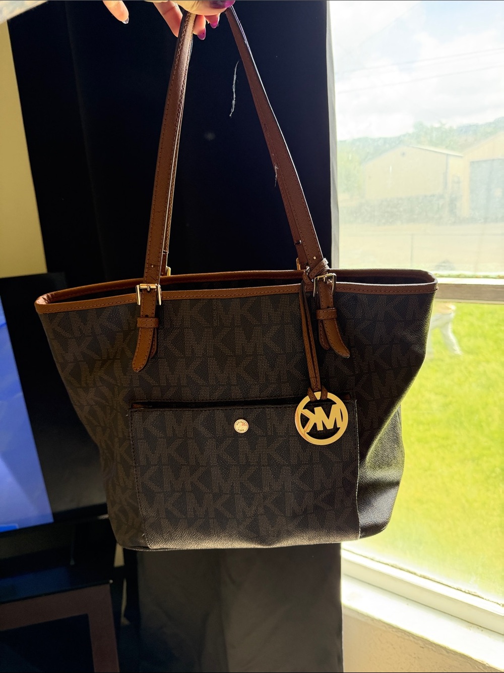 Michael Kors Dark Brown Monogram Tote with Gold Charm - Picture 1 of 6
